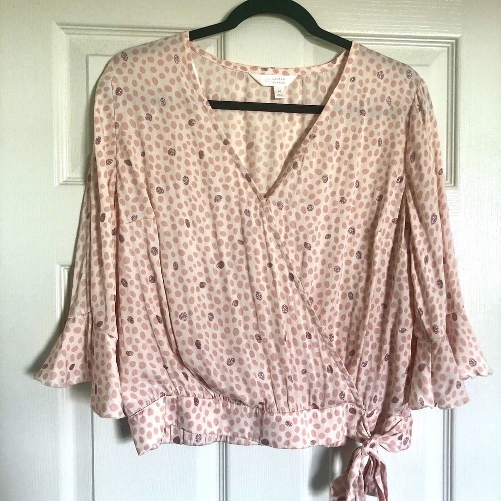 Lauren Conrad Blouse M Womens Top Pink Glitter Dots Ruffled 3/4 Sleeves Shirt‎